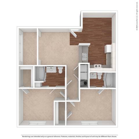 A diagram of a house layout with a kitchen, bathroom, and bedroom.