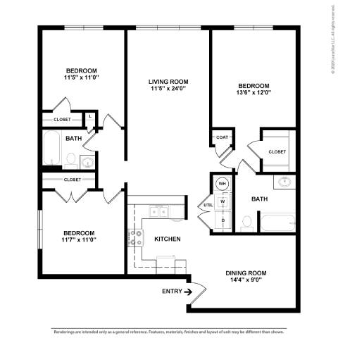 A black and white image of a floor plan for a house with a kitchen, living room, and three bedrooms.