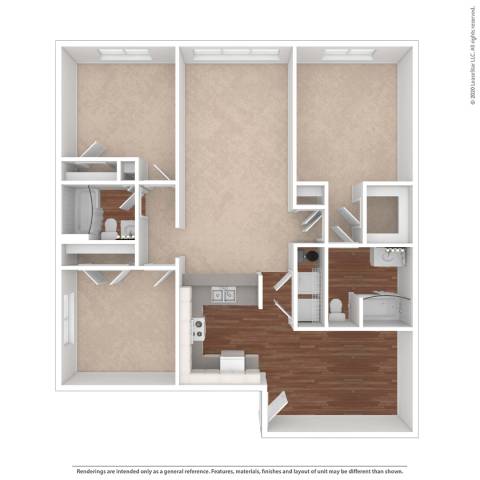 A drawing of a house layout with a kitchen, living room, and two bedrooms.
