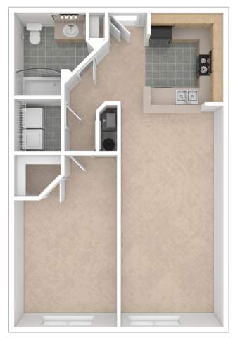A diagram of a house layout with a kitchen, living room, and bathroom.