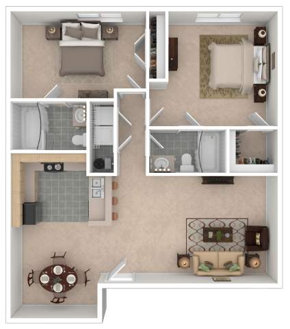 A floor plan of a house with a living room, kitchen, and bathrooms.