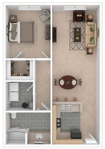 A floor plan of a small apartment with a living room, kitchen, and bathroom.