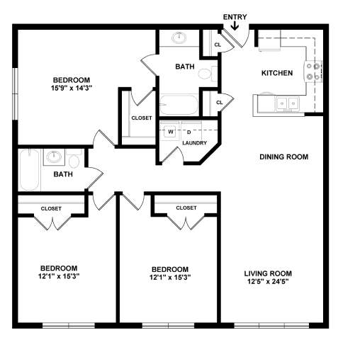 A black and white image of a floor plan for a home with an entry, two bedrooms, a kitchen, a dining room, a living room, and two bathrooms.