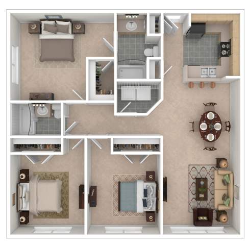 A floor plan of a house with a kitchen, living room, and two bedrooms.