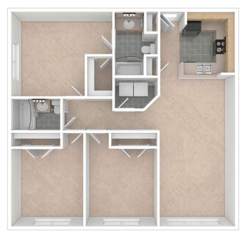 A floor plan of a small apartment with a kitchen, living room, and two bedrooms.