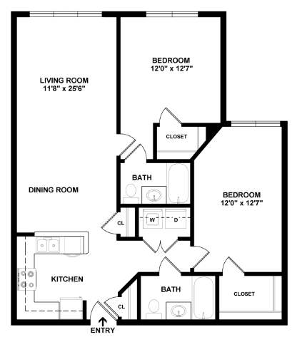 A black and white image of a floor plan for a home with a living room, dining room, kitchen, and three bedrooms.