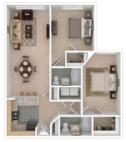 A floor plan of a small apartment with a kitchen, living room, and bathroom.