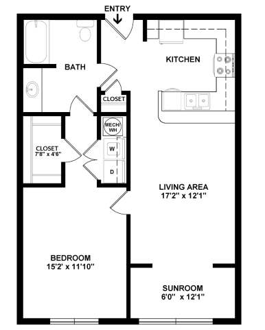 A floor plan of a small apartment with a living area, bedroom, and bathroom.