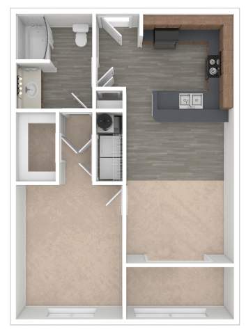 A floor plan of a small apartment with a kitchen, living room, and bathroom.