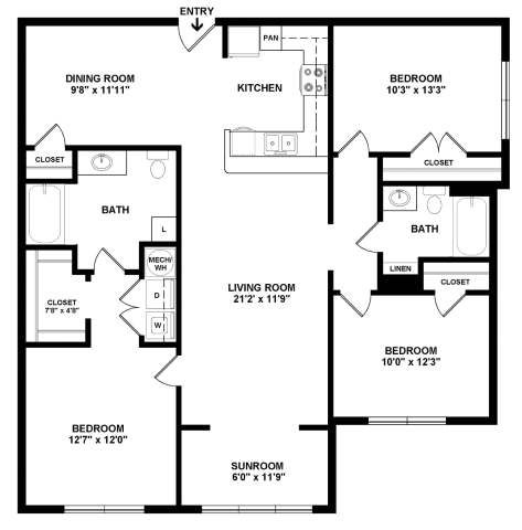 A black and white floor plan of a house with labeled rooms and dimensions.
