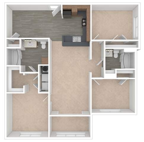A diagram of a house layout with a kitchen, living room, and two bedrooms.