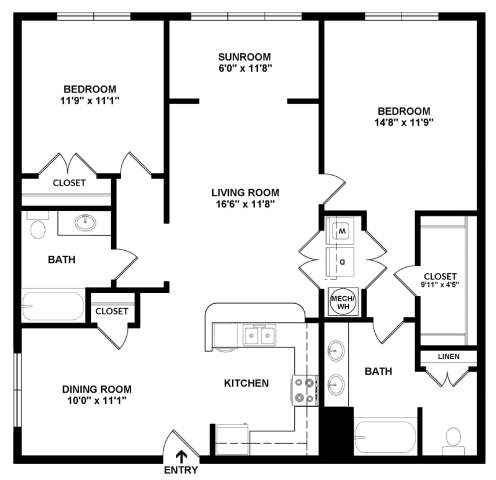 A black and white image of a floor plan for a house with a living room, kitchen, dining room, and three bedrooms.
