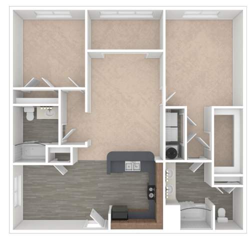 A 3D rendered image of a small apartment with a bed, a desk, and a kitchenette.
