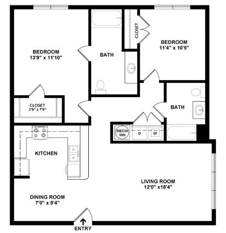 A black and white image of a floor plan for a home with a living room, kitchen, dining room, and two bedrooms.