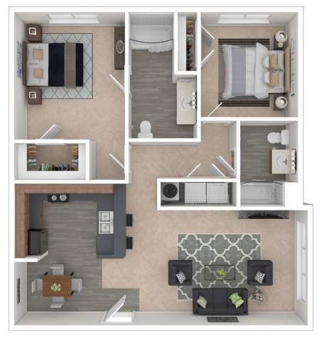 A floor plan of a small apartment with a kitchen, living room, and bathroom.