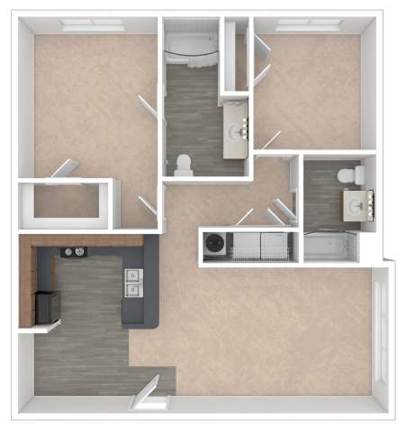 A 3D floor plan of a small apartment with a kitchen, living room, and bathroom.