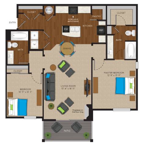 A floor plan of a two-story home with a living room, dining room, kitchen, and bedrooms.