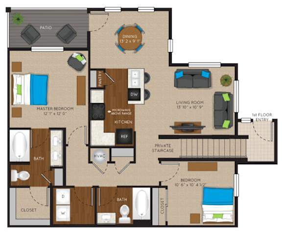 A floor plan of a house with a master bedroom, living room, and kitchen.