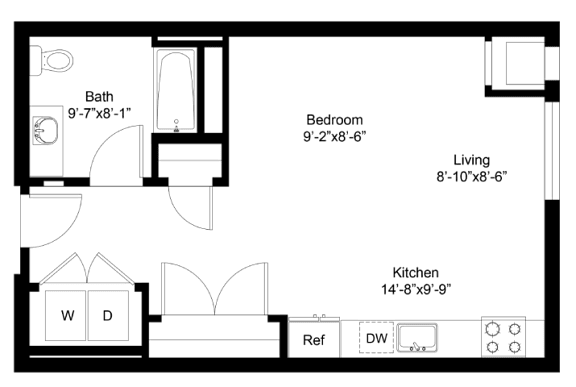A floor plan of a small apartment with a kitchen, living room, and bathroom.