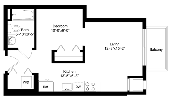 A floor plan of a house with a bedroom, living room, kitchen, and bathroom.