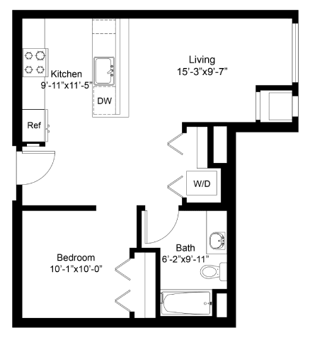 A floor plan of a small apartment with a living area, kitchen, bedroom, and bathroom.
