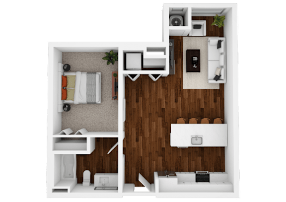 A top-down view of a small apartment with a kitchen, living room, and bathroom.