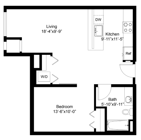A floor plan of a small apartment with a living room, kitchen, bathroom, and bedroom.