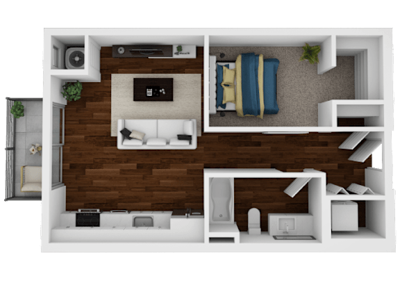 A top-down view of a modern apartment layout with a living room, kitchen, and bedroom.