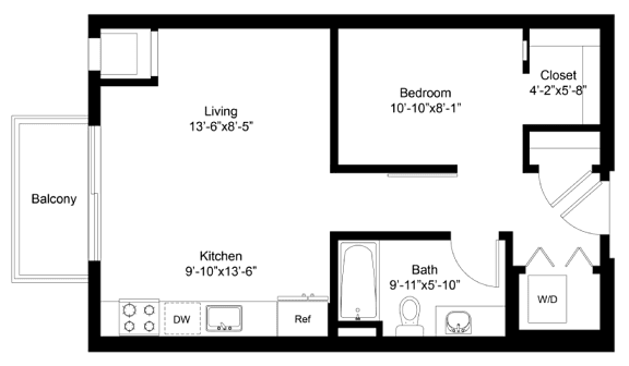 A floor plan of a small apartment with a living room, kitchen, bathroom, and bedroom.