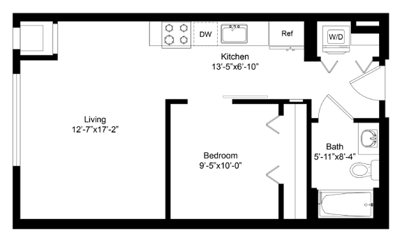 A floor plan of a small apartment with a living area, bedroom, kitchen, and bathroom.