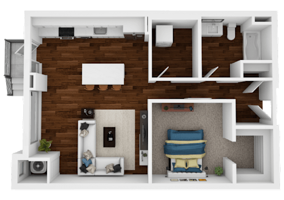 Floor Plan  A 3D floor plan of a small apartment with a bedroom, living room, and kitchen.