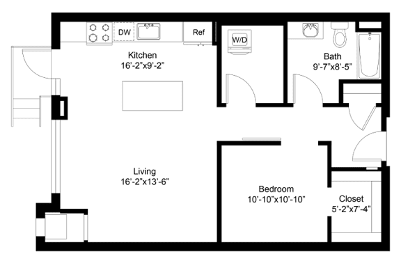 A floor plan of a small apartment with a living area, kitchen, bathroom, and bedroom.