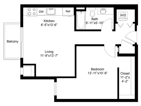 A floor plan of a house with a kitchen, living room, bathroom, bedroom, and closet.