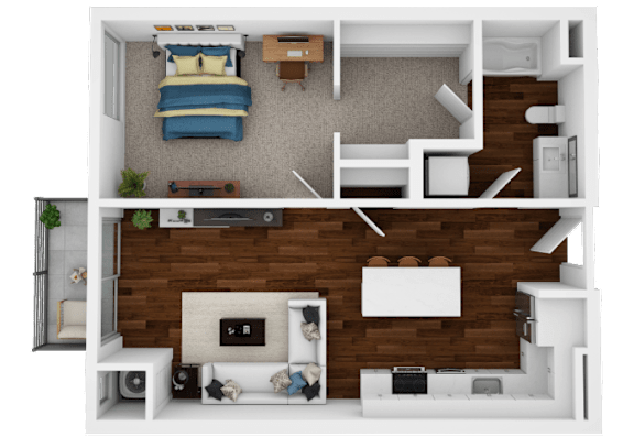 A top-down view of a small apartment with a bedroom and living room.