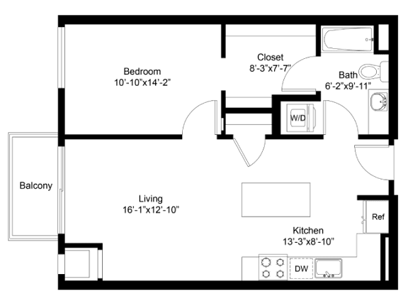 A floor plan of a house with a balcony, bedroom, living room, kitchen, closet, bathroom, and laundry area.