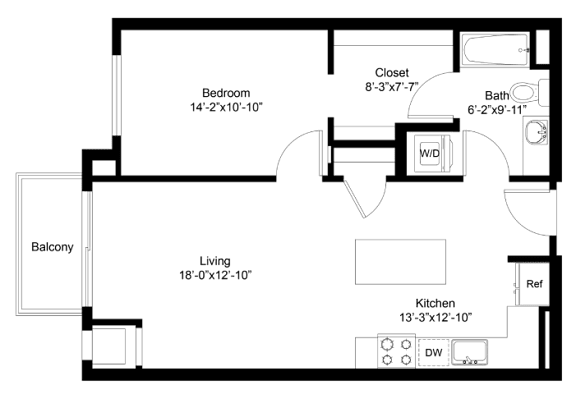 A floor plan of a house with a living room, kitchen, bedroom, bathroom, and closet.