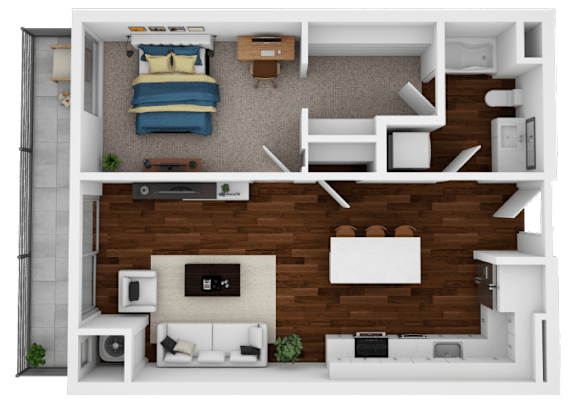 A top-down view of a modern apartment with a bedroom and living room.