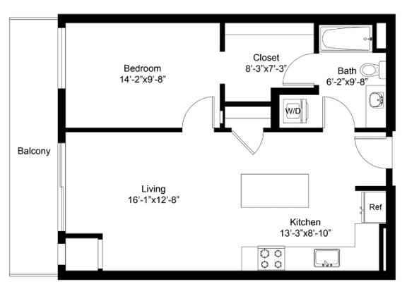 A floor plan of a house with a bedroom, bathroom, closet, kitchen, and living room.