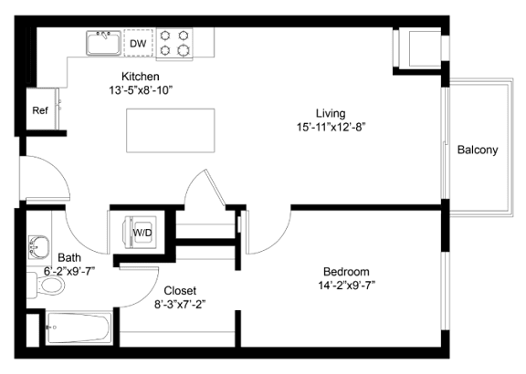 A floor plan of a small apartment with a kitchen, living room, bathroom, bedroom, and closet.