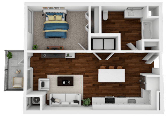 A 3D floor plan of a small apartment with a bedroom and living room.