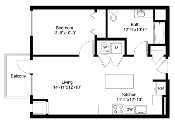 A floor plan of a house with a bedroom, living room, kitchen, bath, and balcony.