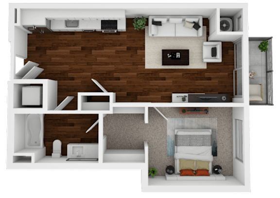 A 3D rendered image of a small apartment layout.