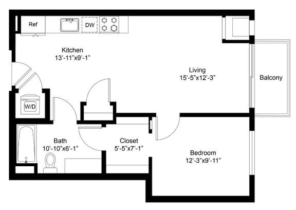 A floor plan of a house with a kitchen, living room, bathroom, bedroom, and balcony.