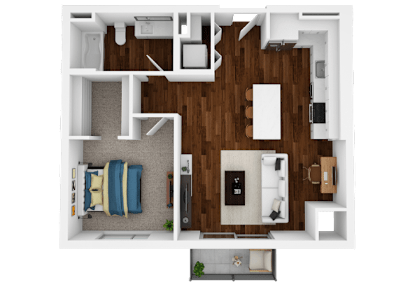 A top-down view of a small apartment with a bedroom, living room, and kitchen.