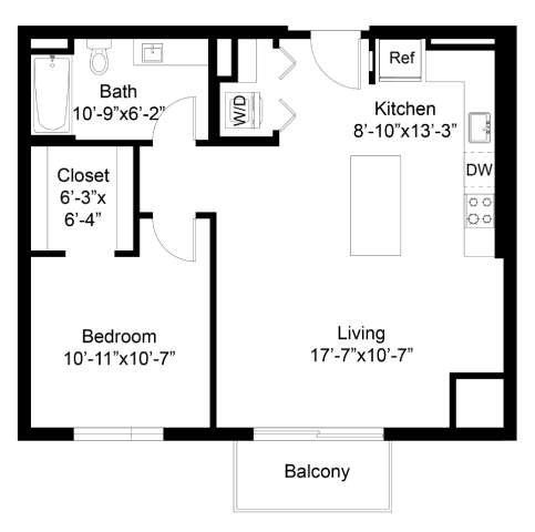 A floor plan of a house with a living room, kitchen, bathroom, bedroom, closet, and balcony.