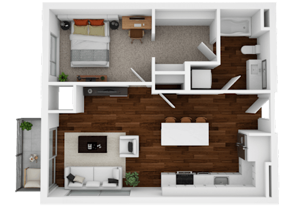 A top-down view of a small apartment with a bedroom, living room, and kitchen area.