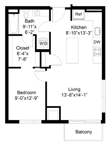 A floor plan of a house with a kitchen, bathroom, bedroom, and balcony.