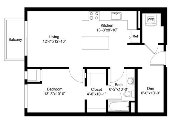 A floor plan of a house with a living room, kitchen, bedroom, bathroom, and balcony.