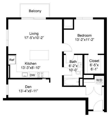 A floor plan of a house with a balcony, living room, kitchen, dining room, bedroom, bathroom, and closet.