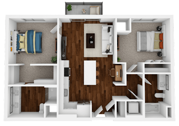 A top-down view of a small apartment layout with a kitchen, living room, and bedroom.